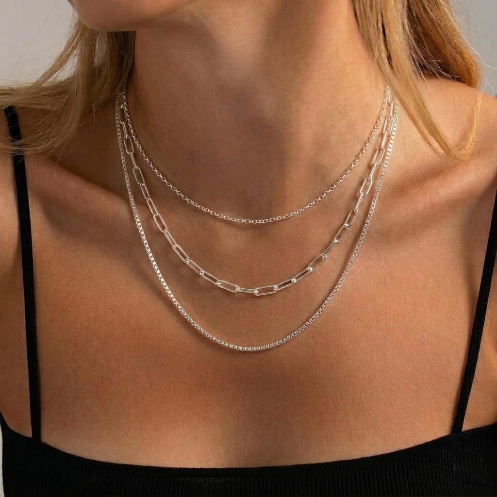 Freekiss Silver Necklace for Women: Layered 14K Silver Plated Necklaces Dainty Paperclip Box Chain Necklace Chunky Choker Necklace Set Silver Jewelry for Women Gifts