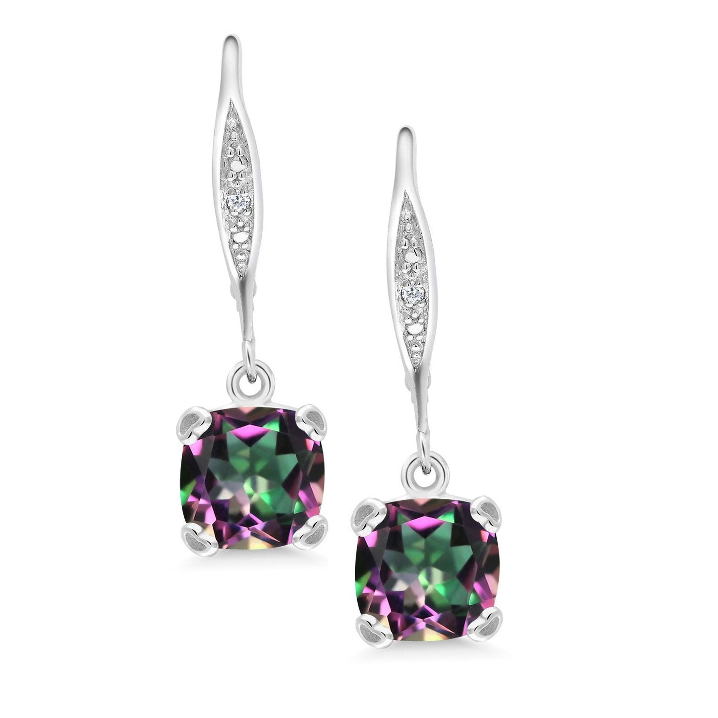 Gem Stone King Drop Dangle Earrings For Women | 7MM Cushion Cut Gemstone Birthstone and Diamond | 925 Sterling Silver | Jewelry Gift for Mom Wife Her | Green Mystic Topaz | Sterling Silver