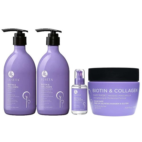 Luseta Biotin & Collagen Hair Growth Set: 16.9oz Shampoo, 16.9oz Conditioner, 3.38oz Serum, and 16.9oz Mask