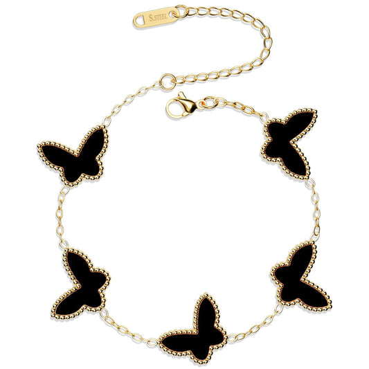 AICase 18K Gold Plated Clover Bracelet Dupes Black Bracelet Set for Women Butterfly Flower Leaf Lucky Clover Bracelets Trendy Jewelry Birthday Gifts for Women/MoM/Friends_Black
