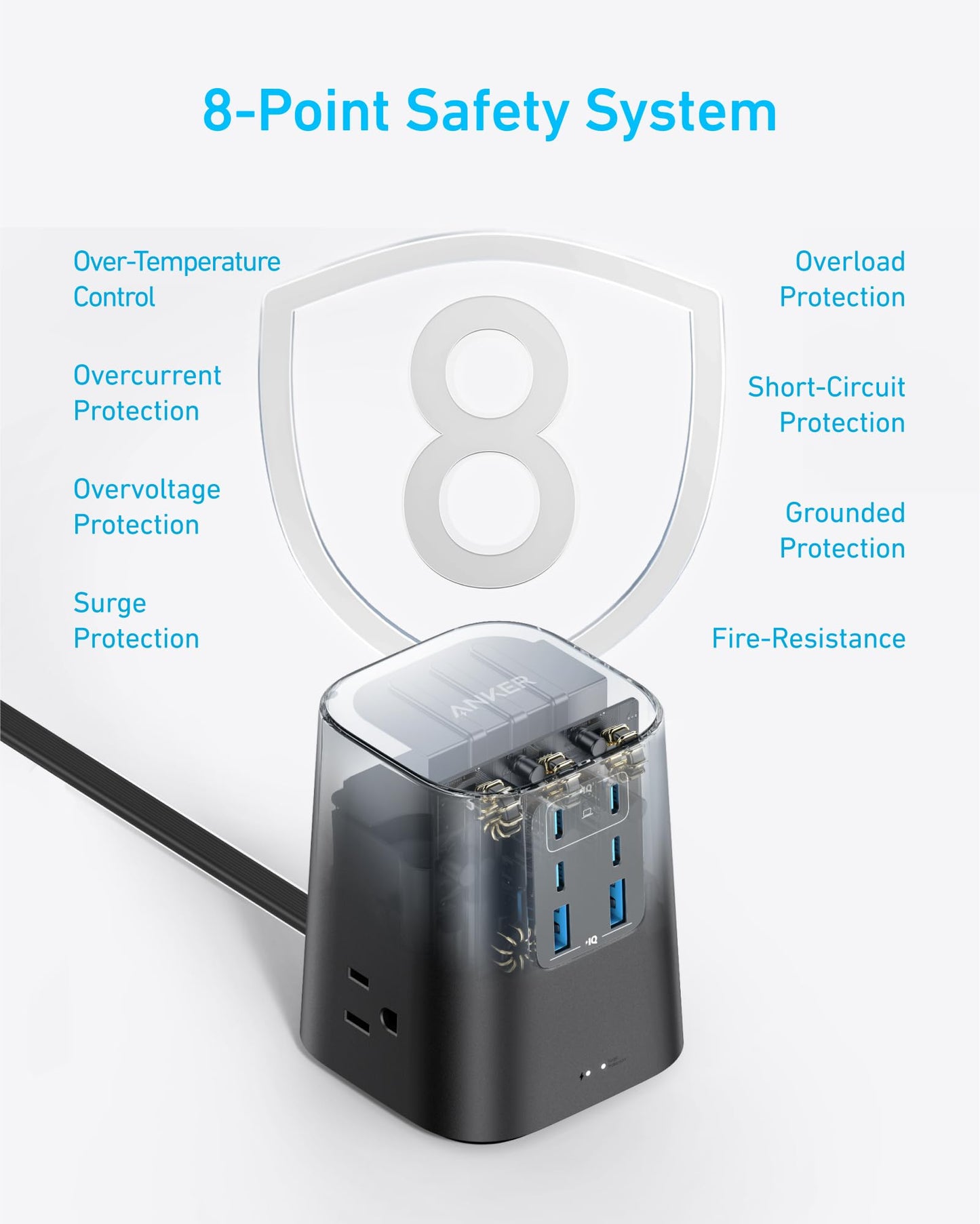 Anker Desktop Charger, 9-in-1 Power Strip with 300J Surge Protector, 5ft Flat Plug Extension Cord with Multiple Devices, 100W USB C Charger with 3 AC, 2 USB A, 4 USB C, Home Office, Desk Accessories