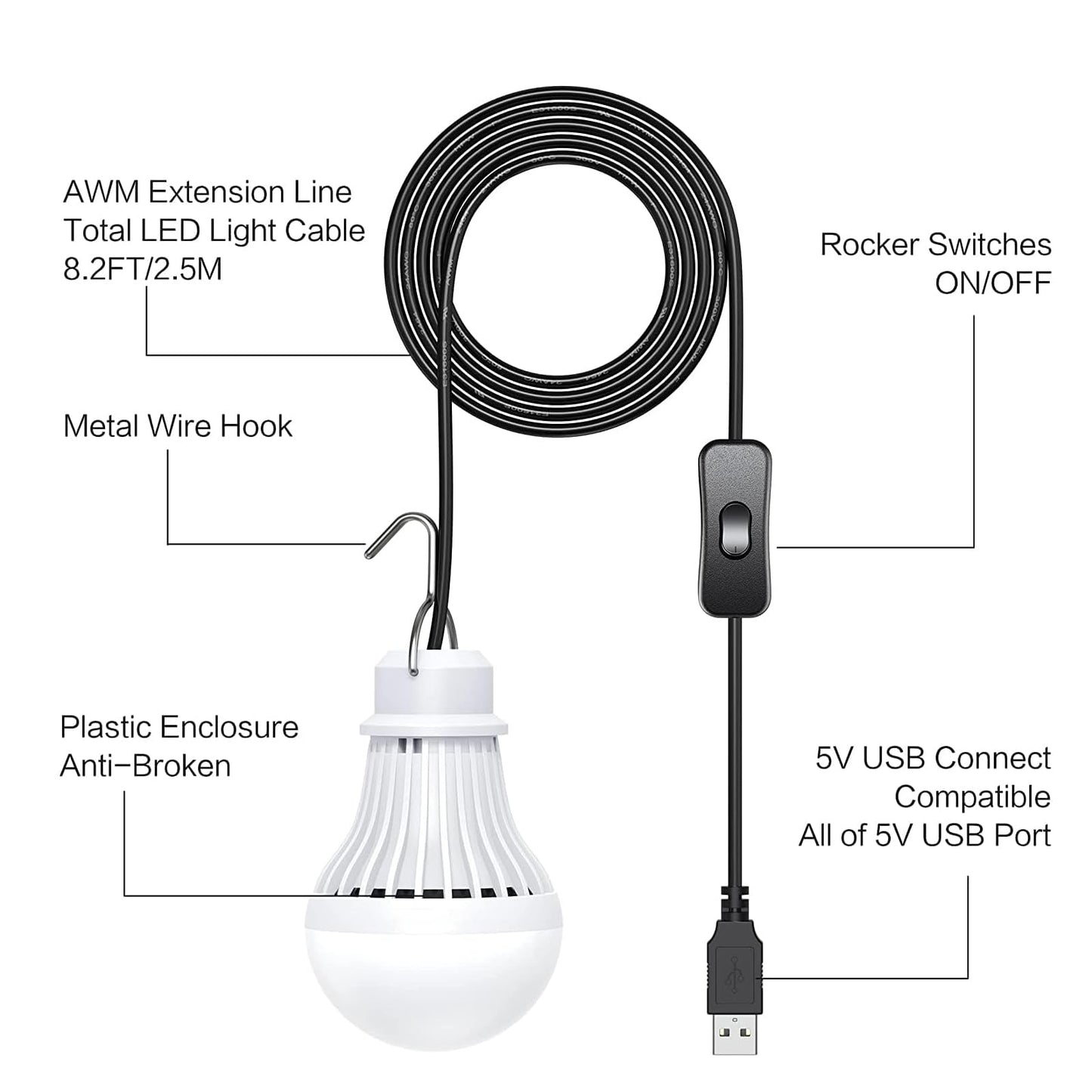 2 Pack USB LED Camping Lantern, 8.2 ft Extra Length Cord Tent Light with USB Y-Cable, Portable LED Bulb for Garage, Warehouse, Car, Truck, Fishing Boat, Room, Emergency Light, Warm