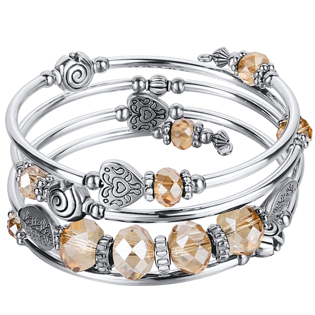 PEARL&CLUB Bead Crystal Wrap Bangle Bracelet - Fashion Jewelry Beaded Bracelet with Silver Metal, Gifts for Women(23-Champagne)