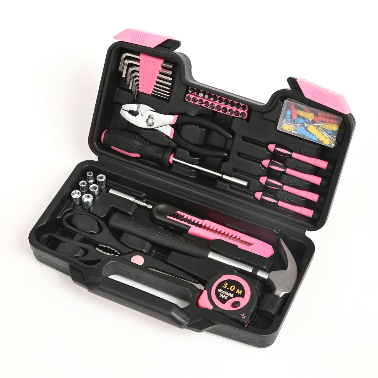 132 Piece Pink Tool Set, Womens Tool Kit for House, All Purpose Tool Kit for Home & Women, Small Home Repair Tool Set with Plastic Storage Toolbox for Garage, Office, College Dormitory, DIY Projects