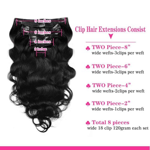 Body Wave Brazilian Clip in Hair Extensions Human Hair 8Pcs Remy Hair Extensions Clip ins for Black Women with 18Clips 120g (20inch, Natural Black)