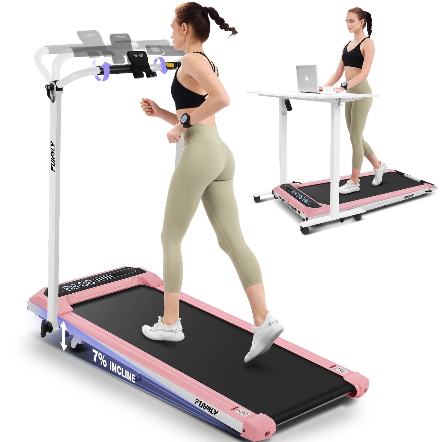 FUNMILY Walking Pad Treadmill with Incline and Handlebar Adjustable, Foldable Treadmills for Home Office, Folding Walking Pad Tread Mill 300 LBS Capacity, Remote Control, LED Screen with Progress Bar