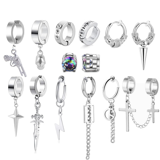 14 Pcs Silver Gothic Viking Non Pierced Cross Sword Spike Awl Peace Dangle Chain Clip on Hoop Earrings Set for Unisex Fake Piercing CZ Earrings
