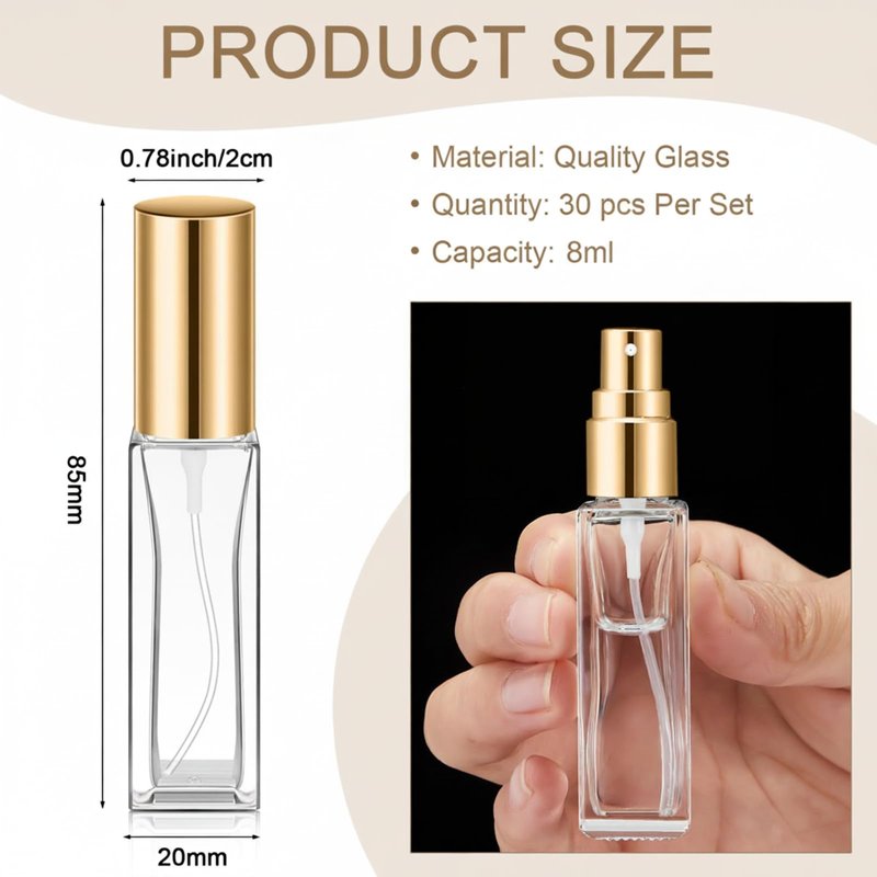 Domensi 30 Pcs 8 ml Empty Glass Perfume Bottles Bulk - Gold Refillable Cologne Spray Atomizer with Pump, for Travel, Skincare, Haircare, Cleaning & DIY Essentials