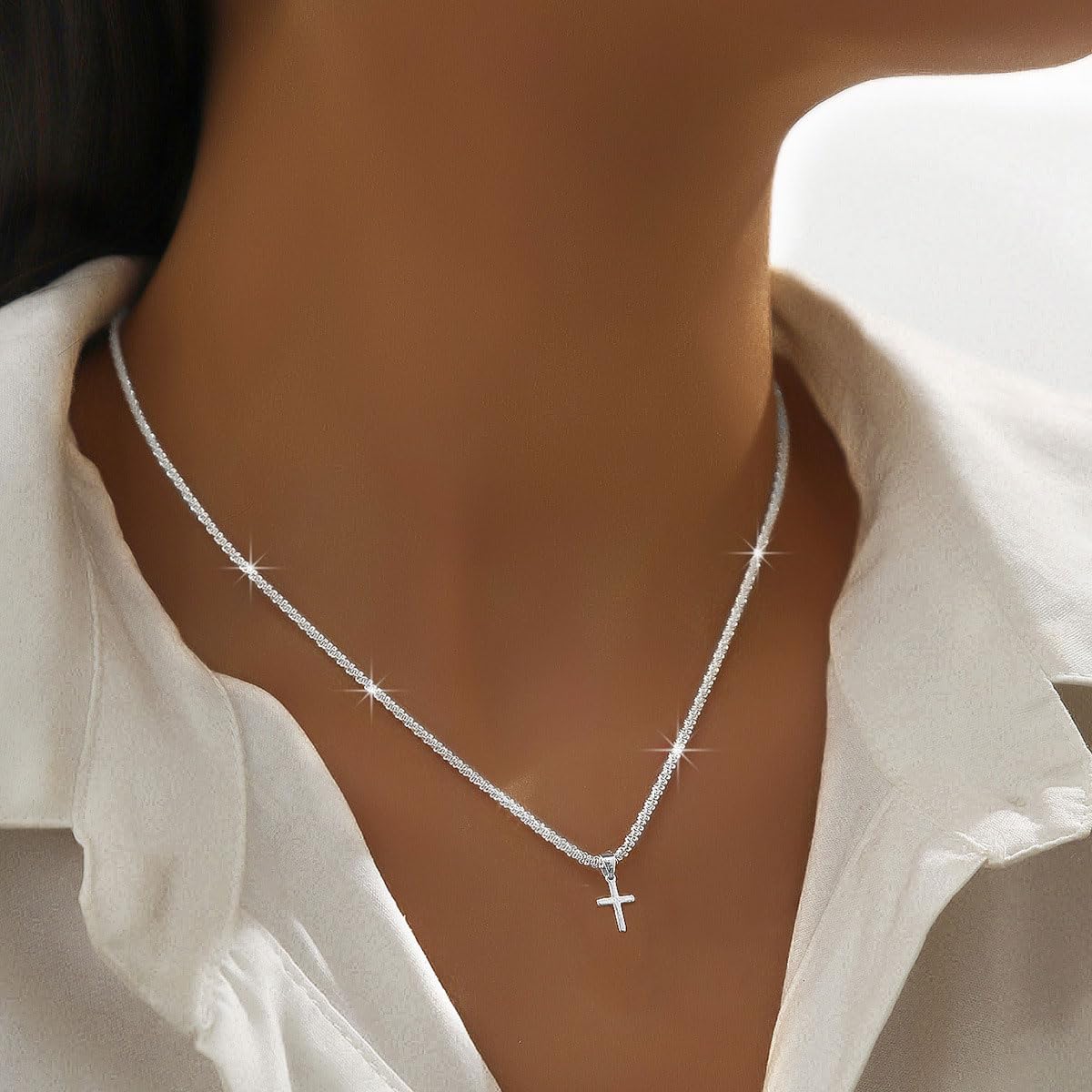 B-JWYFY Layered 925 Sterling Siver Cross Charm Pendant Necklace Set for Women Bling Double Layer Rope Chain Choker Layering Necklace Set for Wedding and Any Romantic Occasion