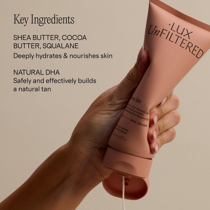 + Lux Unfiltered N°32 Summer Skin Deep Gradual Self Tanner, Hydrating Self Tanning Lotion - Shea Butter & Squalane - Non-Sticky, No Transfer, Natural-Looking Tan - Vegan Sunless Tanner - Santal