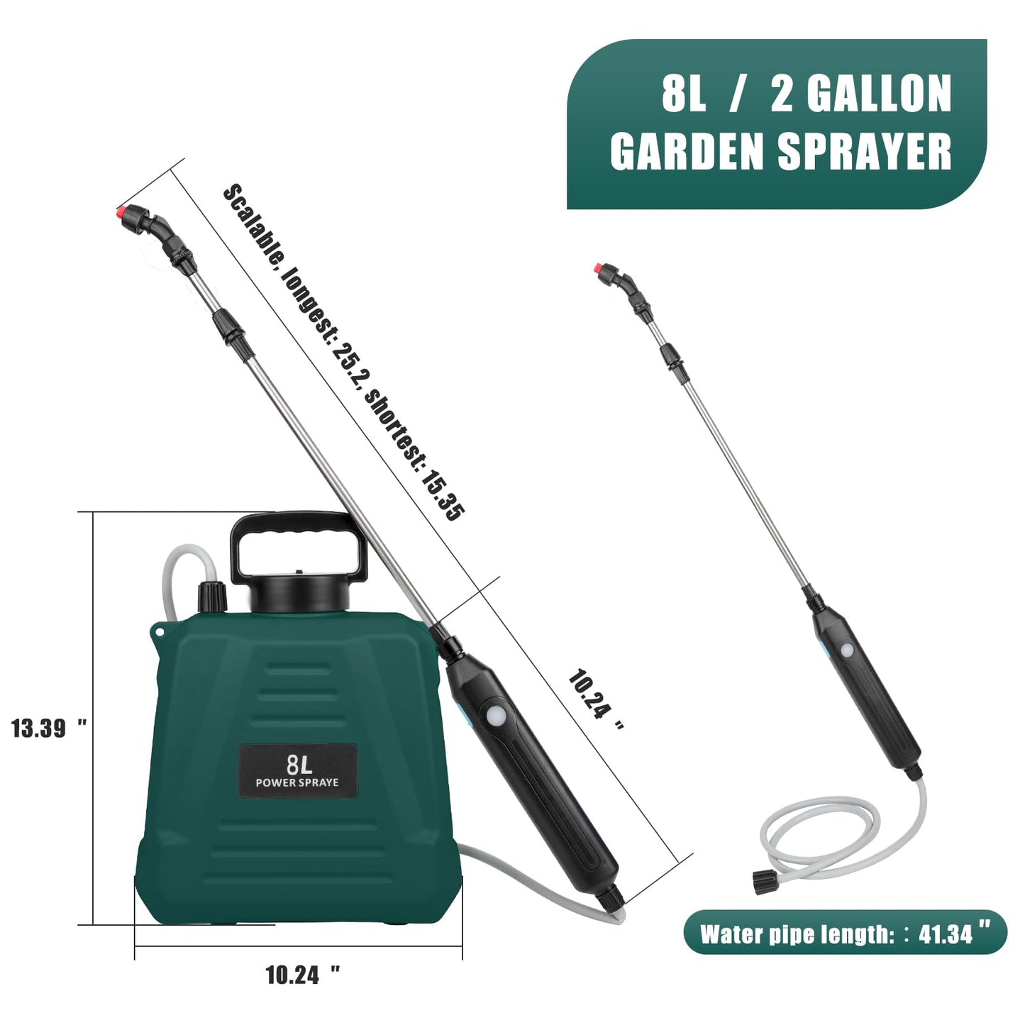 2 Gallon Battery Powered Sprayer, Electric Garden Sprayer, Backpack Sprayer with 3 Mist Nozzles & USB Rechargeable Handle & Retractable Wand & Adjustable Strap for Lawn, Garden, Yard (Green)