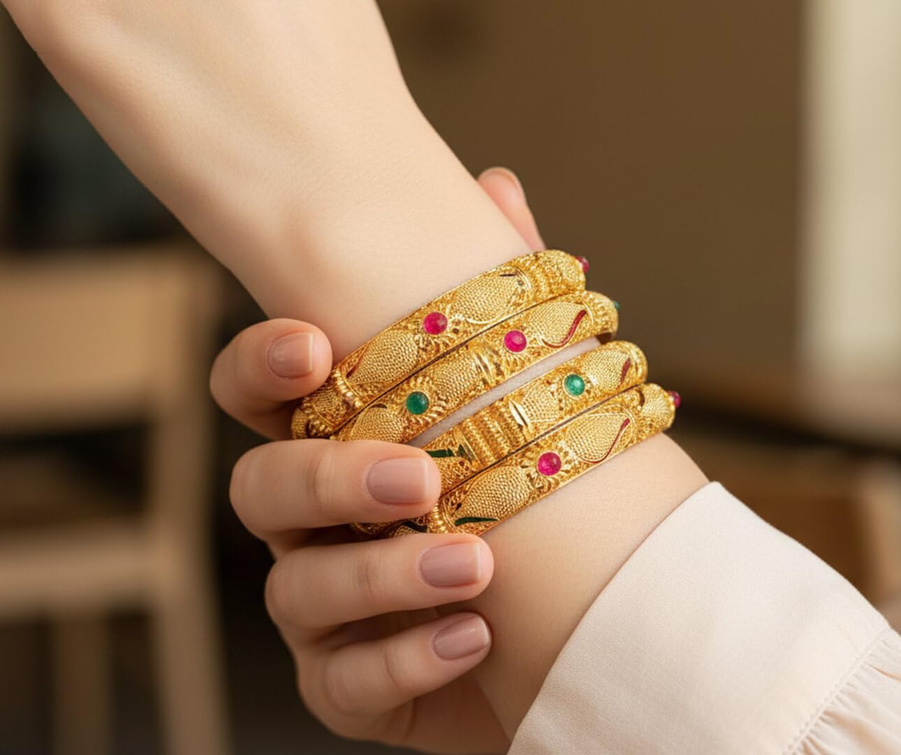 Touchstone "Golden Bangle Collection Indian Bollywood Desire Beautifully Carved Conch Shell Inspired Faux Ruby Emerald Thick Designer Jewelry Bangle Bracelets. Set of 4. In Gold Tone For Women