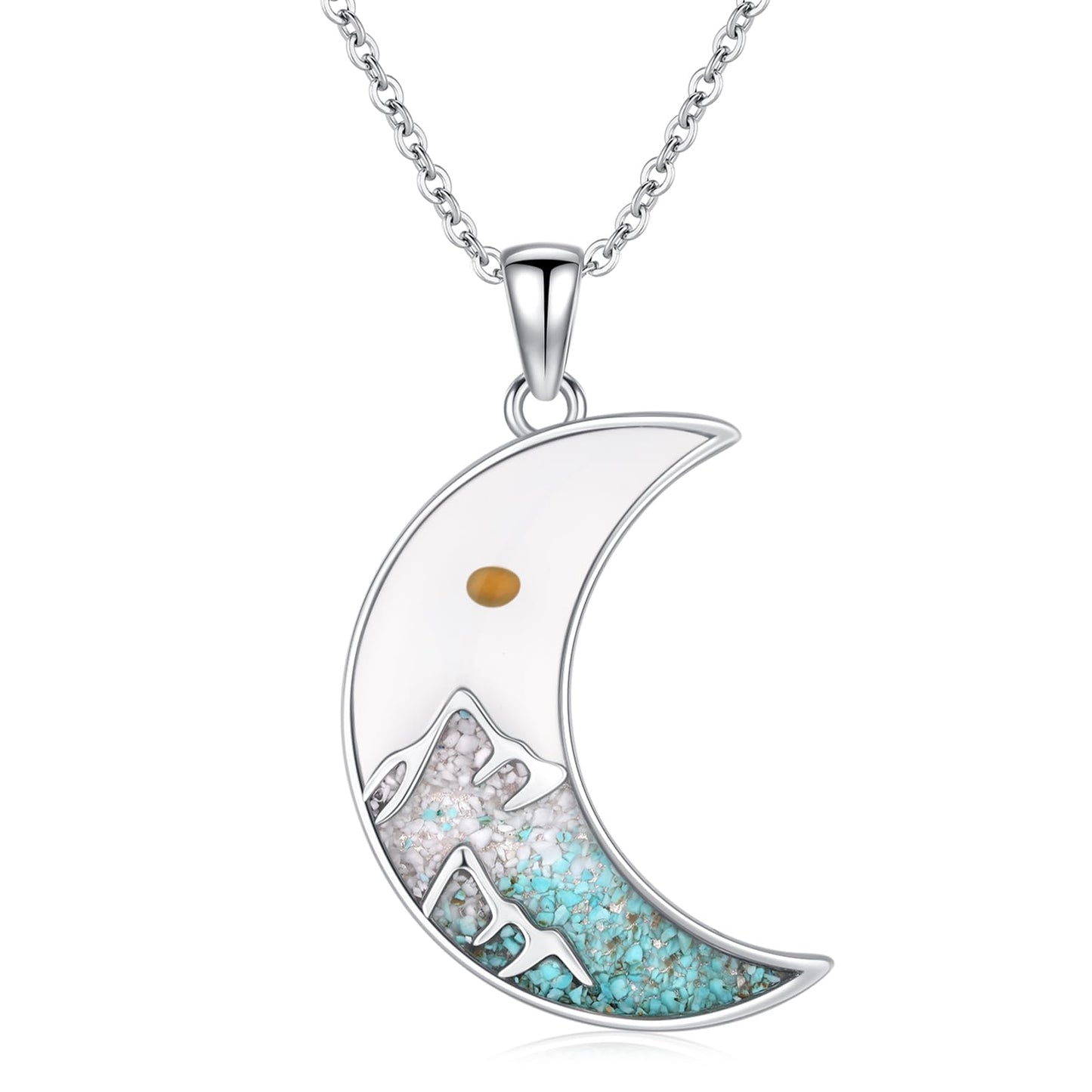 Suiknsn Mustard Seeed Necklace 925 Sterling Silver Turquoise Mountain Pendant Necklace Moon Jewelry Outdoor Hiking Gifts for Women Girlfriend