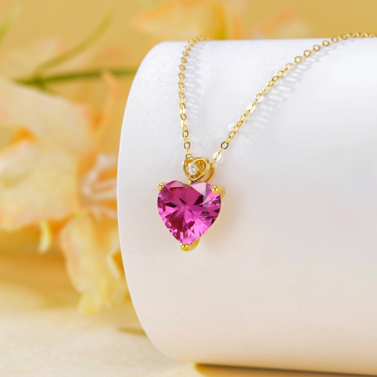 NFYBD 14k Gold Love Heart Tourmaline Birthstone Pendant Necklace for Women 3 Carat Heart-cut Created Gemstone Anniversary Birthday Mother's Day Necklaces for Her 16+1+1 inch-Oct