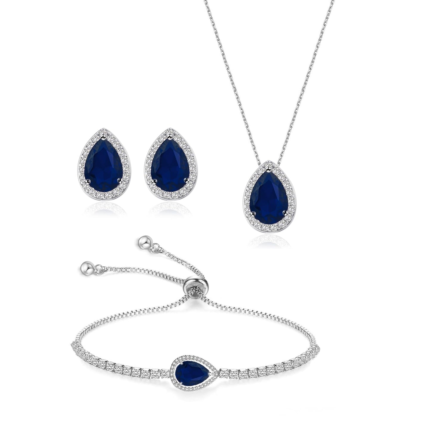 UDYLGOON Teardrop CZ Bridal Jewelry Set Imitation Diamond Earrings Necklace Bracelet for Bride Bridesmaids Wedding Prom Party (Drop-Royal Blue)