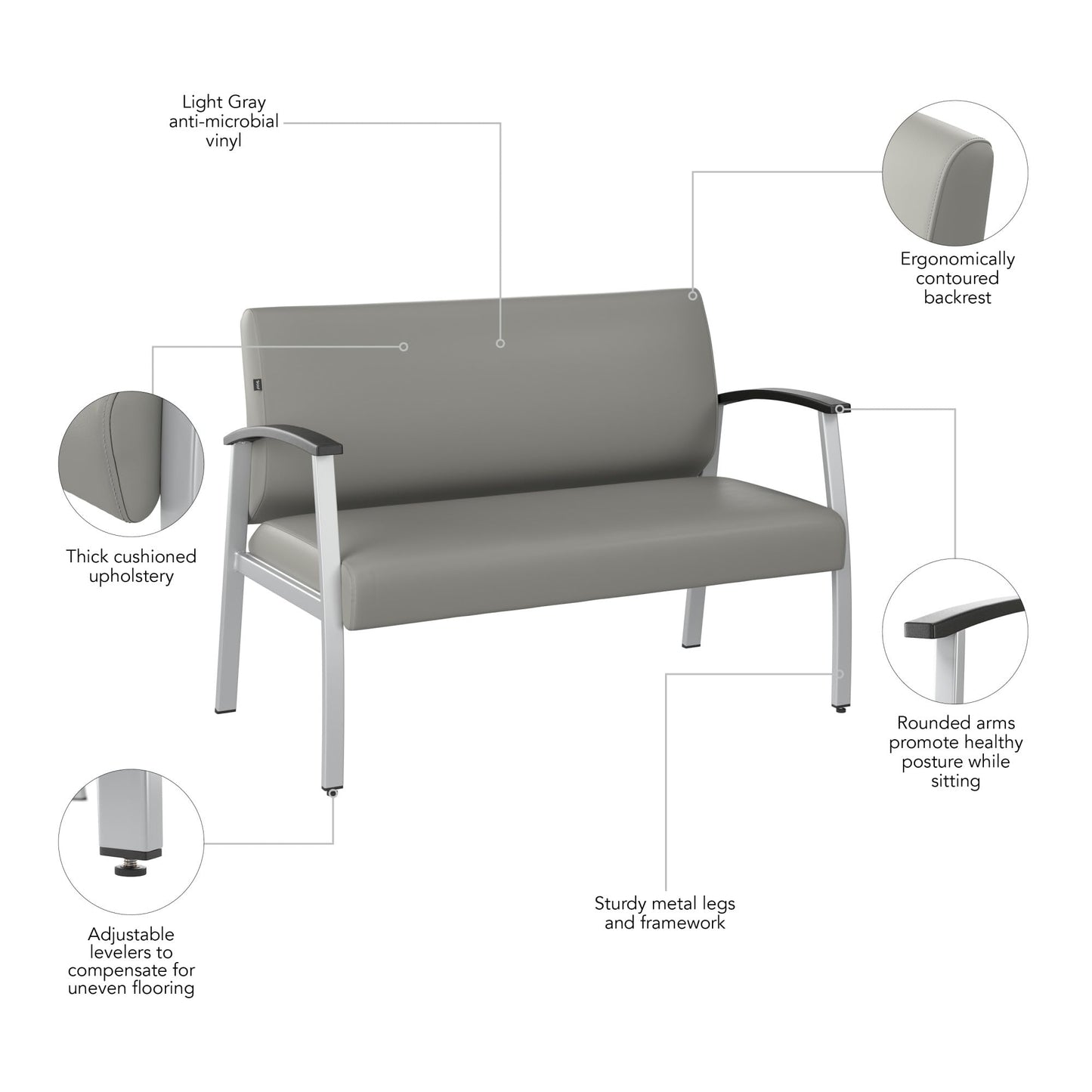 Bush Business Furniture Arrive Waiting Room Loveseat with Arms in Light Gray Vinyl, Reception Area Seating for Office and Lobby