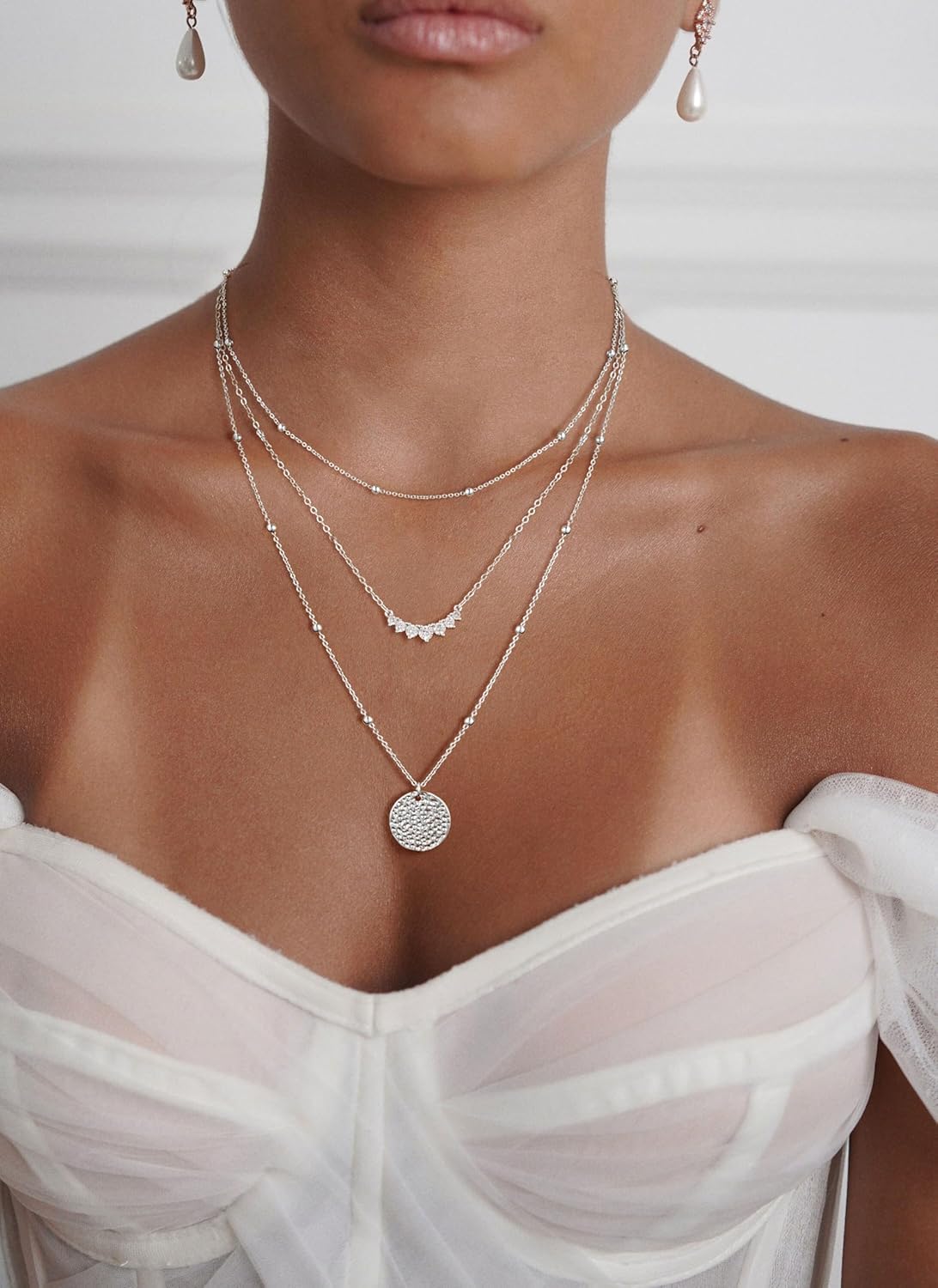 CHESKY Layered Silver Necklace for Women Trendy, Silver Plated Dainty Stackable Charm Necklaces for Womens Layering Beads Chain Diamond Pendant Necklaces Stack Jewelry Set for Women Gifts