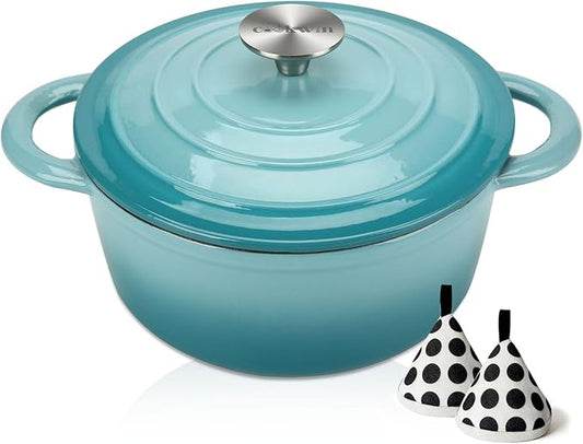 COOKWIN Enameled Cast Iron Dutch Oven, 5 QT Bread Baking Pot with Self Basting Lid, Non-stick Enamel Coated Cookware Pot, Great Christmas Gifts for Family, Teal