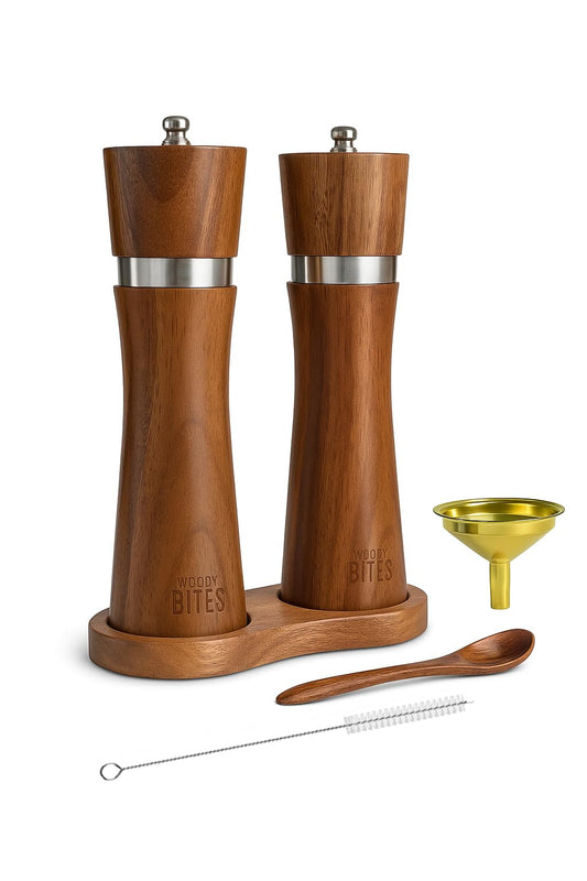 Acacia Wood Salt & Pepper Grinder Set – 8" Manual Adjustable Mills – Wooden Pepper Mill Gift Set with Funnel, Spoon & Brush – Eco-Friendly Kitchen Spice Grinder