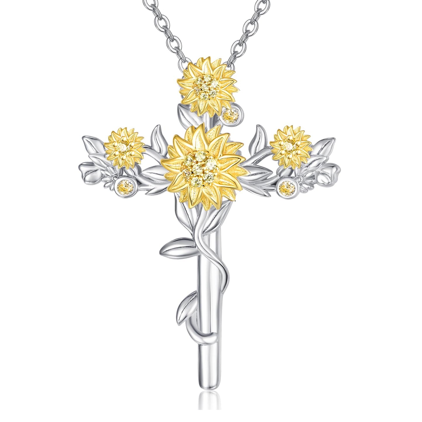 Zhi Kexin Sunflower Cross Pendant Necklace for Women 925 Sterling Silver Flower Jewelry Mothers Day Birthday Gifts for Sunflower Lovers