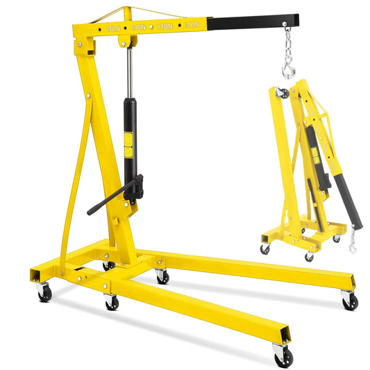 2-Ton Folding Engine Hoist, 4400 Lbs Capacity Hydraulic Shop Crane with 6 Casters, Portable Foldable Cherry Picker for Garage, Workshop, Warehouse, Heavy-Duty, Yellow