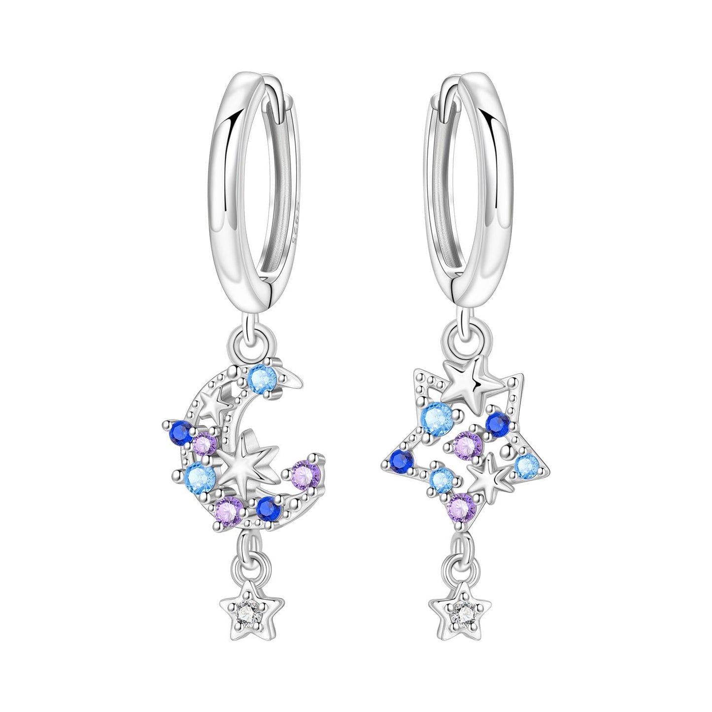 vireau 925 Sterling Silver Drop Earrings Dragonfly Flower Moon Star Dangle Earrings Hypoallergenic Sterling Silver Earrings Jewelry for Women (Stars and Moon)
