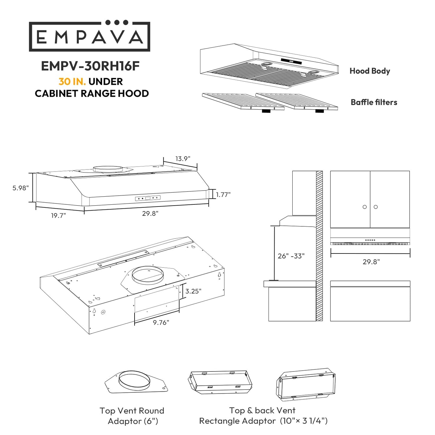 Empava Ductless/Ducted Range Hood Under Cabinet 30 Inch, Touch Control, Timer & Clock Setting, 300 CFM 3-Speeds, Plug in, Stainless Steel