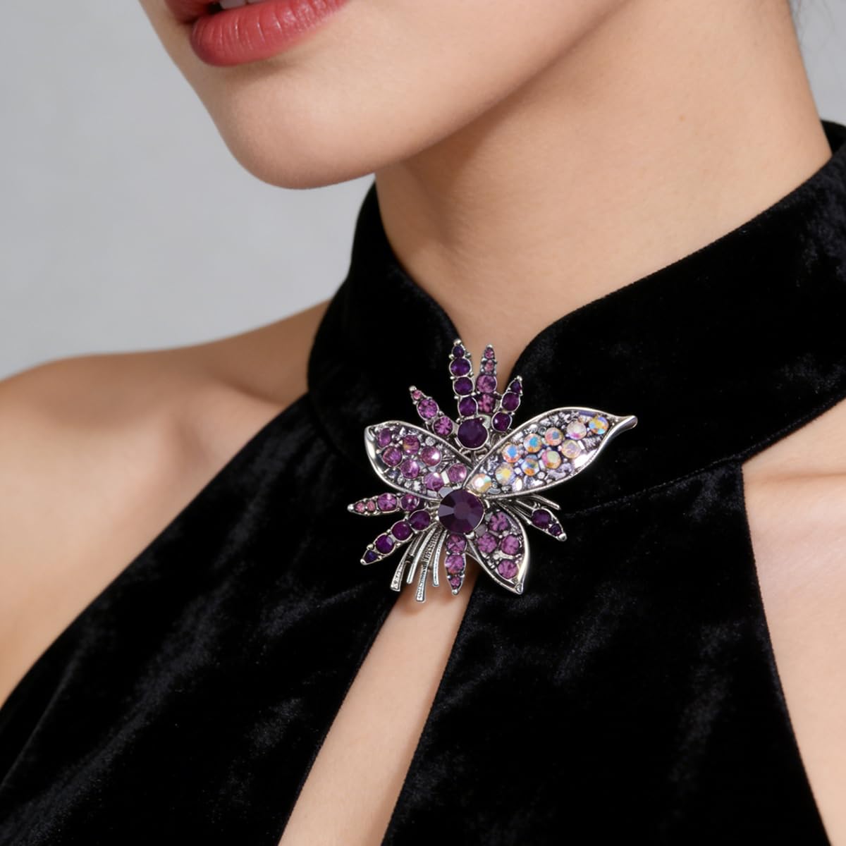 Rhinestone Sunflower Brooch Pin for Women Red Black Purple Large Flower Broochs Snowflake Brooch Marquise Wreath Brooches Jewelry (Purple brooch E)