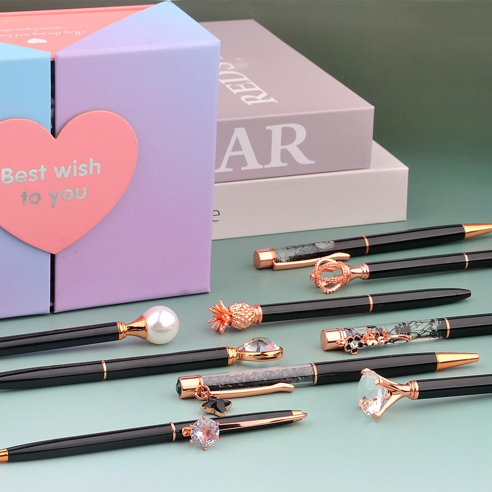 Opzyvik 9 Pcs Fancy Pens for Women Crystal Diamond Pen for Journaling Pretty Glitter Ballpoint Inspirational Gifts for Women Girls College Students Cute Back to School Gift (Black)