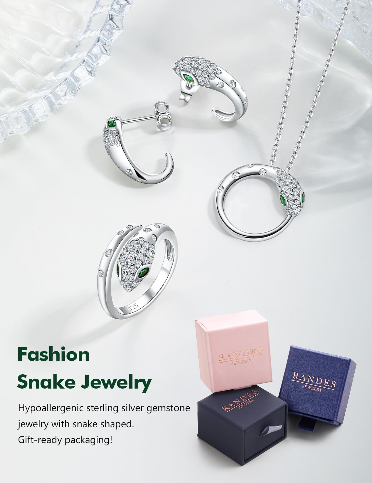 RANDES 925 Sterling Silver Snake Ring for Women White Gold Plated Fashion Punk Rings Adjustable Open Emerald CZ Animal Snake Finger Ring Size 8