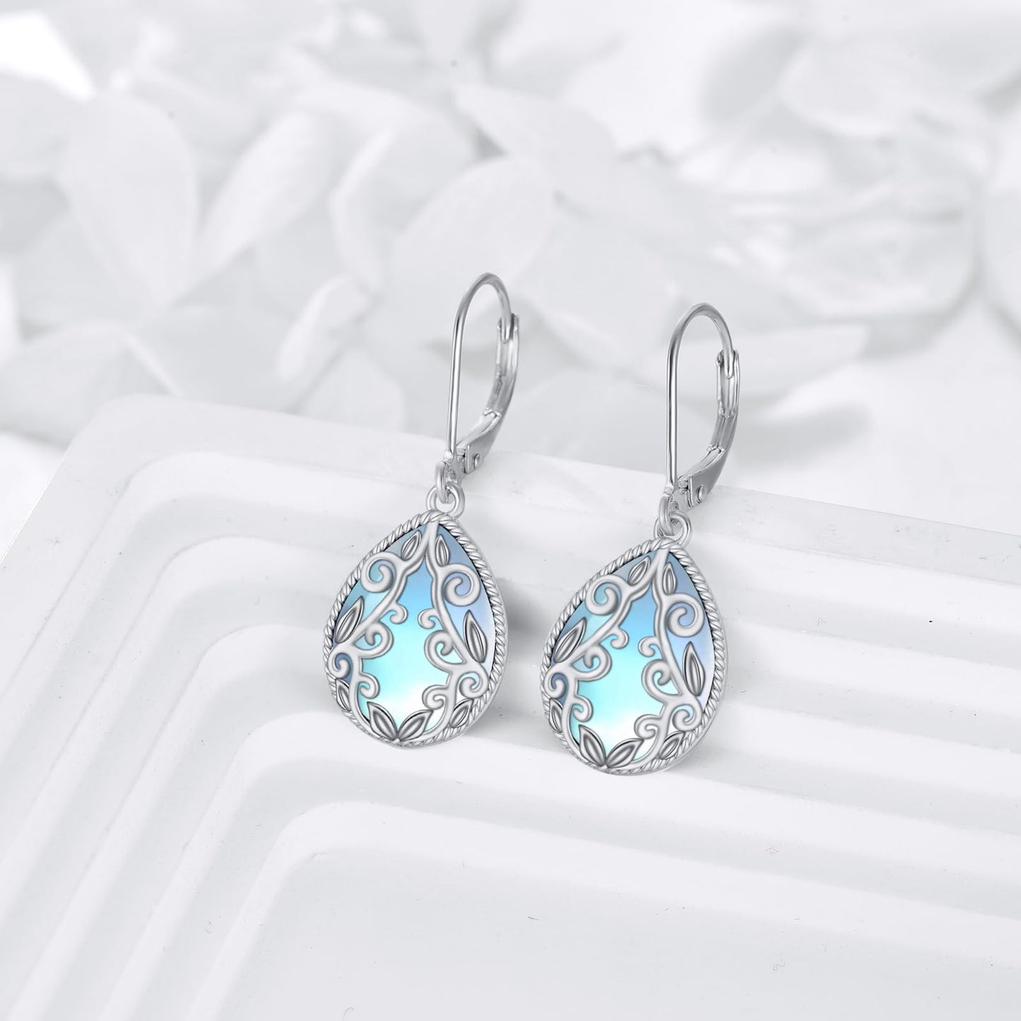 Filigree Earrings for Women 925 Sterling Silver Moonstone Drop Teardrop Earrings Jewelry Gifts for Women