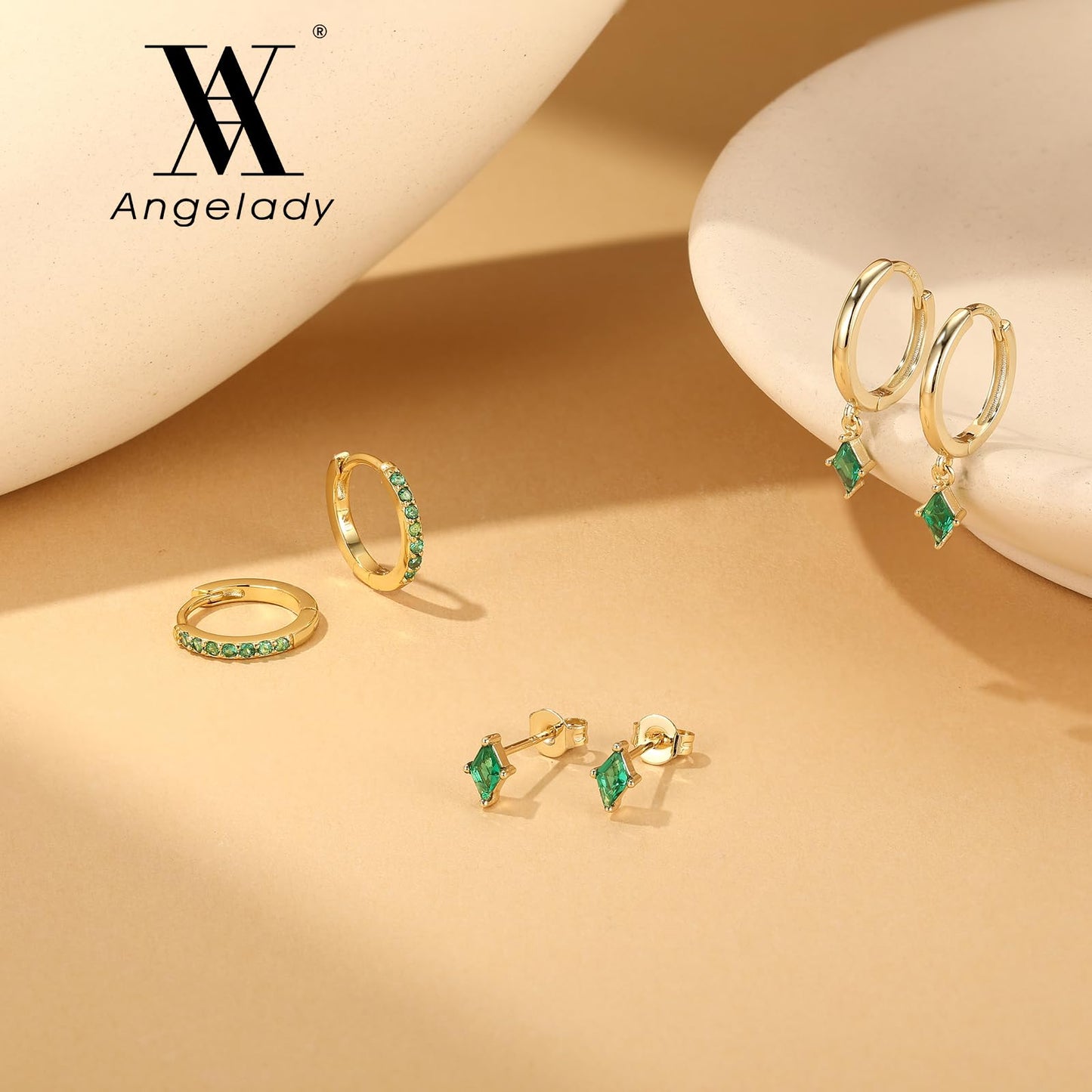 Angelady Gold Hoop Earrings Set for Women, Dainty 14K Gold Plated Green Huggies Earring, Hypoallergenic Dangle Cartilage Huggie Hoop Earring Stacks, Emerald Green Earrings Trendy Jewelry Gifts
