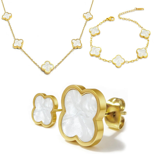 Aimétte Monette 18K Gold Plated Jewelry Set, Clover Necklace, Clover Bracelets and Stud Earrings Set, Women's Hypoallergenic White Gold Lucky Bracelet and Necklace Fashion Gifts for Women Trendy