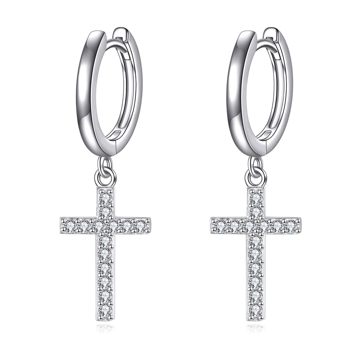 Hanging Cross Hoop Earrings Sterling Silver Diamond Cross Dangle Earrings Religious Jewelry Gifts for Women