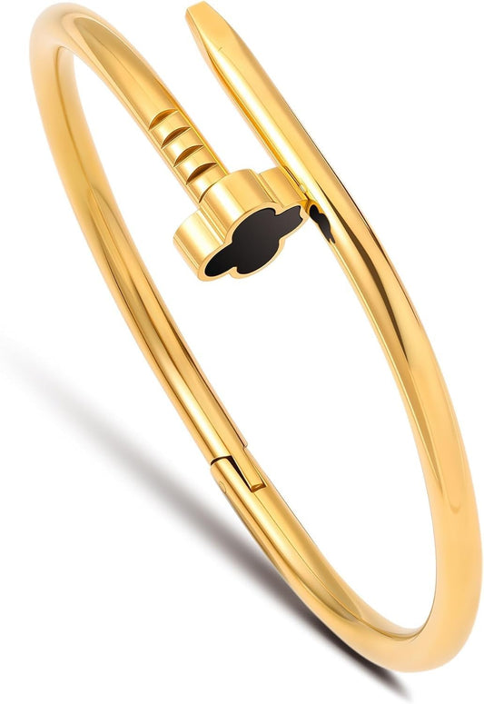 18K Gold Plated Love Nail Bangle Bracelet for Women,Stainless Steel Non-Tarnish Stackable Nail Bangle Couple Bracelet Love Trendy Jewelry Dainty Gold Bracelet Gift for Women