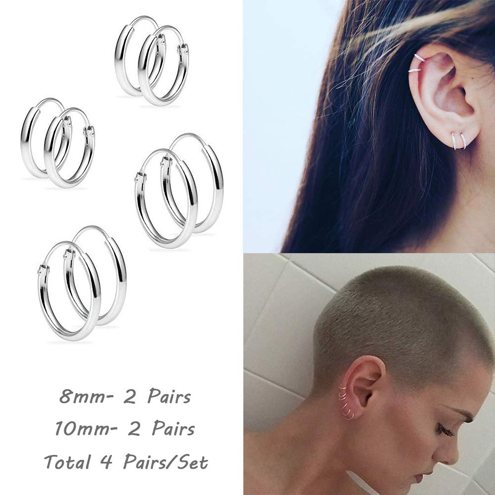 EPIRPRA Silver Hoop Earrings- Cartilage Earring Small Hoop Earrings for Women Men,4 Pairs of Hypoallergenic 925 Sterling Silver Tragus Earrings(Silver,8mmx2+10mmx2)