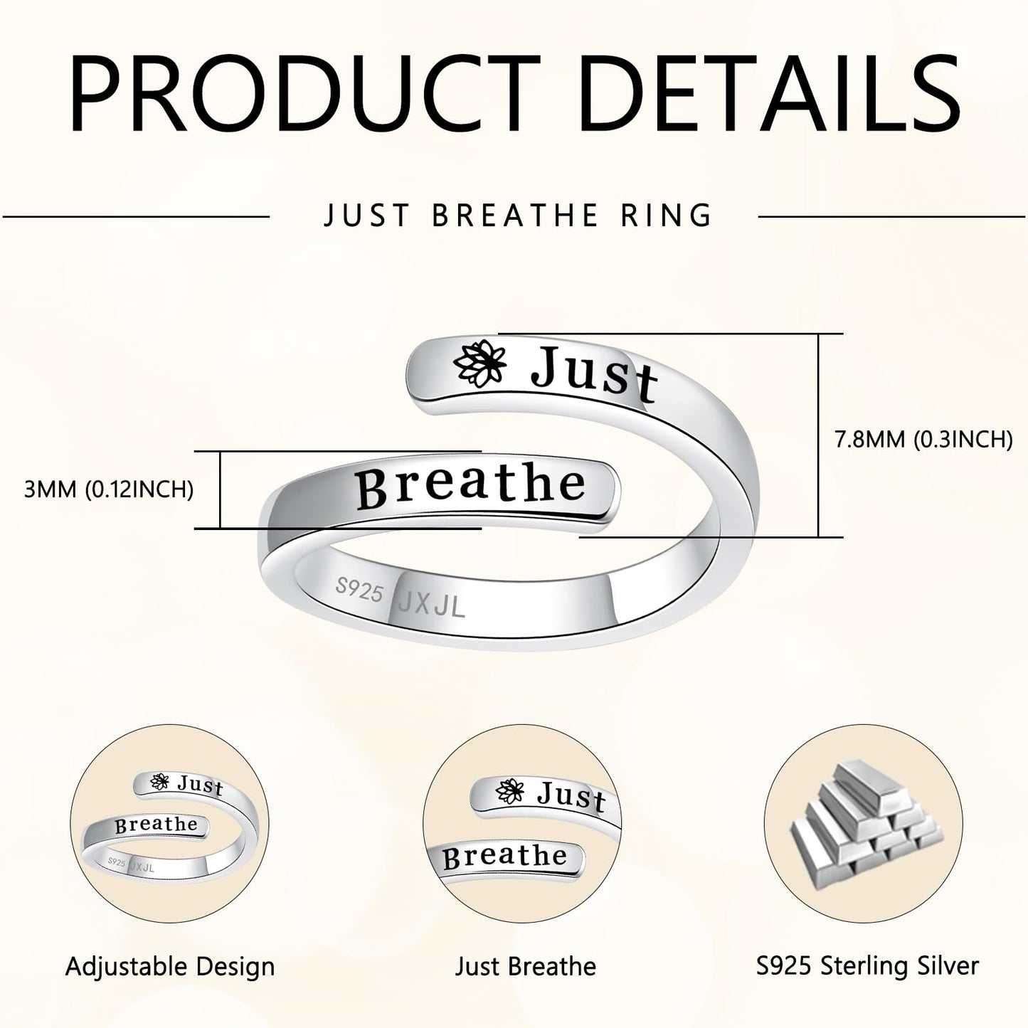 Just Breathe Rings for Women - 925 Sterling Silver Inspirational Jewelry Adjustable Lotus Ring Encouragement Gift for Women