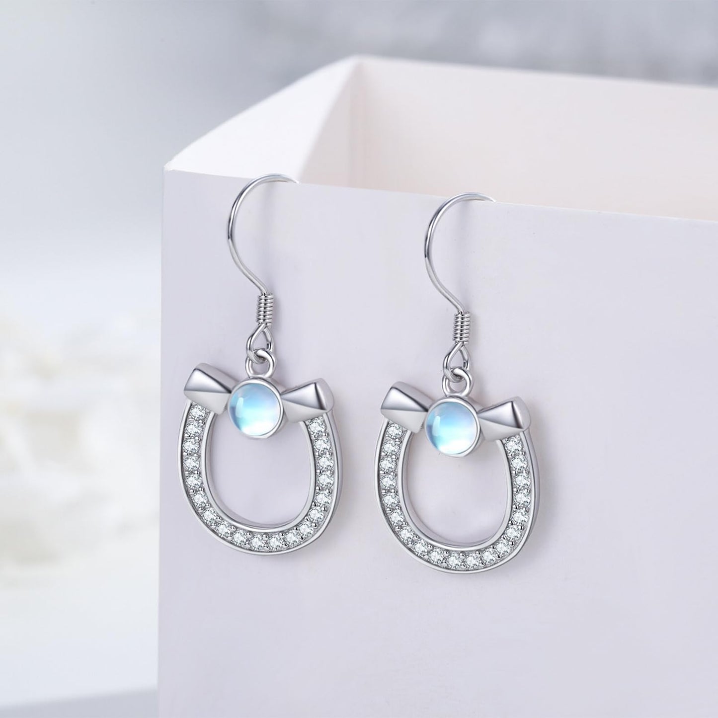 KoyeKei Horseshoe Earrings for Women 925 Sterling Silver Horse Shoe Dangle Drop Earrings Moonstone Jewelry Western Country Gifts for Horse Lovers