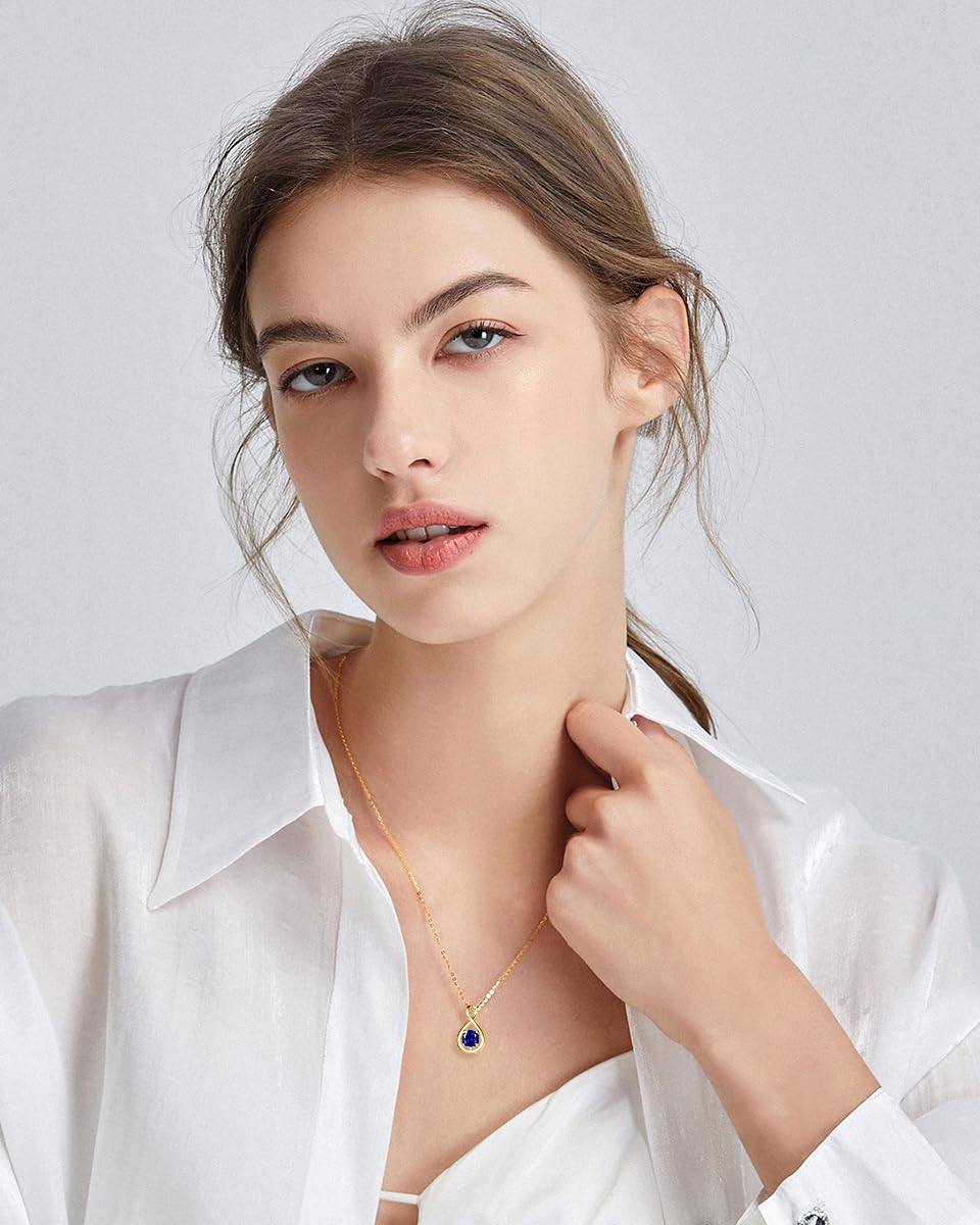 FANCIME Blue Sapphire Necklace September Birthstone for Women Yellow Gold Plated Sterling Silver Dainty Infinity Pendant Fine Jewelry Birthday Graduation Mothers Day Gifts for Mom Her