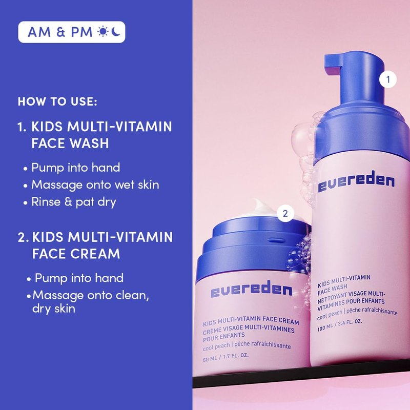 Evereden Kids Happy Face Duo (Cool Peach) - Multi-Vitamin Face Wash & Face Cream Set - Clean & Vegan Skin Care for Kids 3+ - Moisturizing, Nourishing, & Protective Skin Care Set