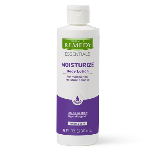 Medline Remedy Essentials Moisturizing Body Lotion (8 oz Bottle), 12 Count, Fresh Scent, Hydrating, Non-Greasy, For Dry Skin, Hypoallergenic, Men, Women, Elderly