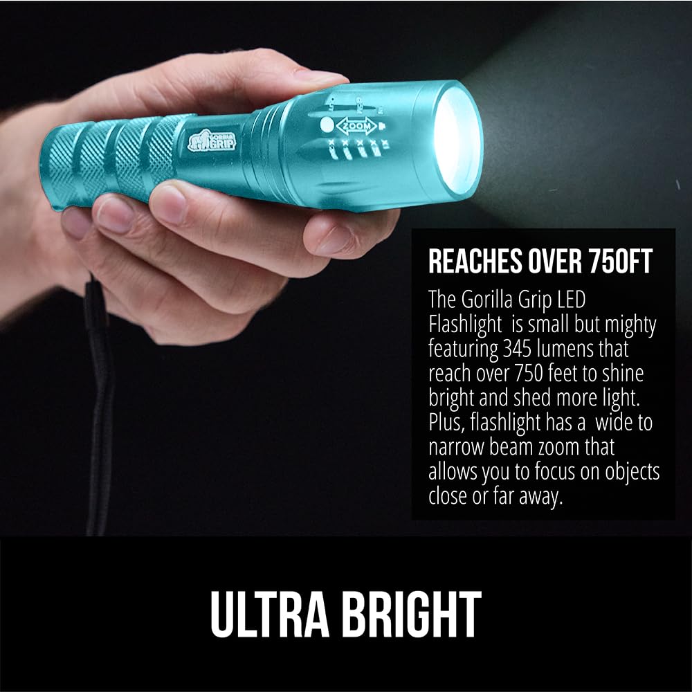 GORILLA GRIP Powerful LED Tactical Flashlight, 750 FT High Lumens 5 Adjustable Modes, Water Resistant, Ultra Bright Zoom Flashlights, Small Mini Flash Light, Camping, Night Dog Walking, Turquoise