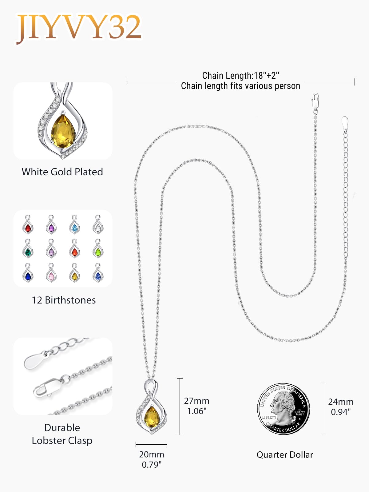 JIYVY32 Citrine Infinity Necklace for Women November Birthstone Necklaces White Gold Plating Anniversary Birthday Gifts for Wife Her Mom Girlfriend Birthstone Jewelry Gifts for Women