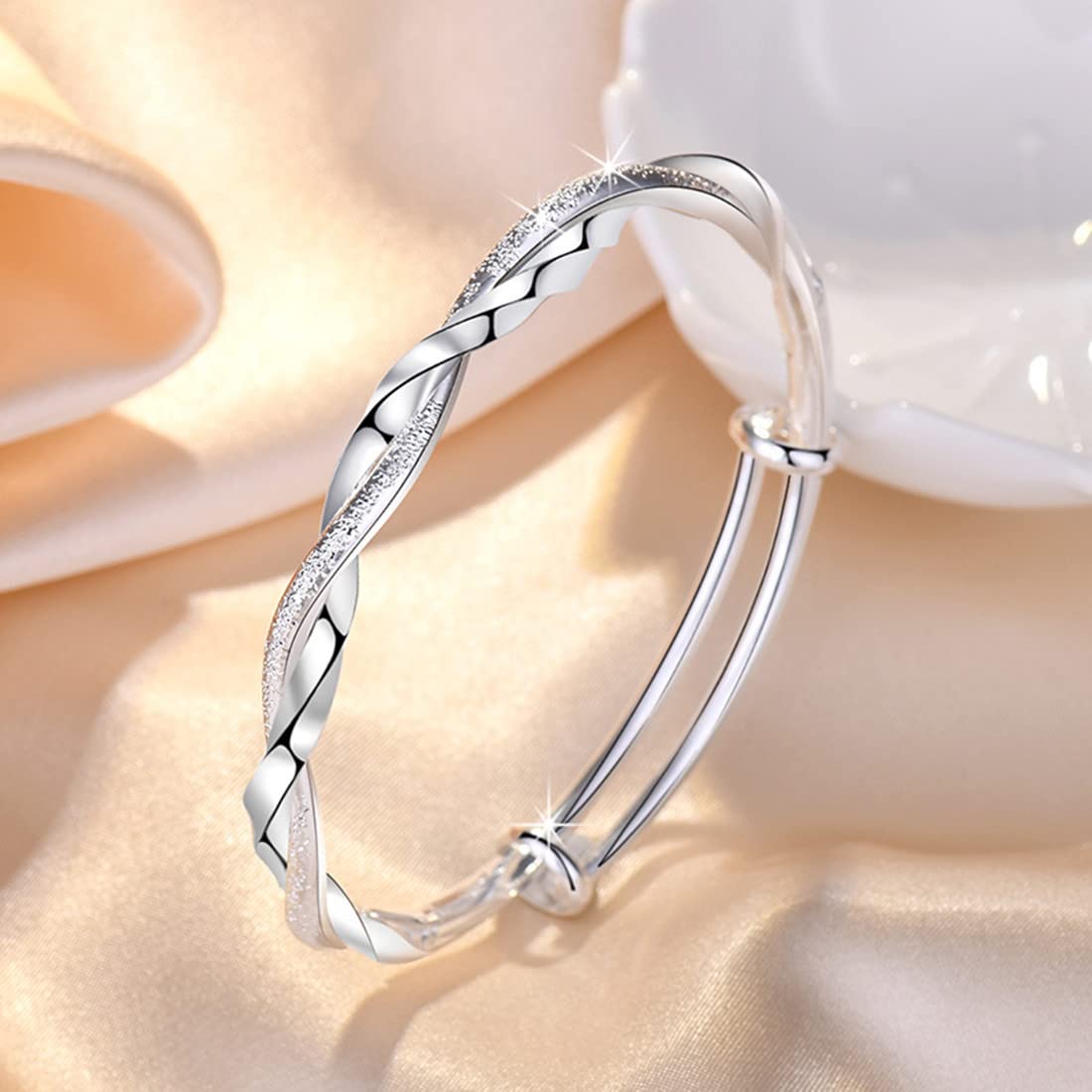 Sterling Silver Bangle Bracelets for Women,Fashion Jewelry Simple Adjustable 925 Silver Cuff Bangles for Women Mom Wife Valentine Mothers Day Gift