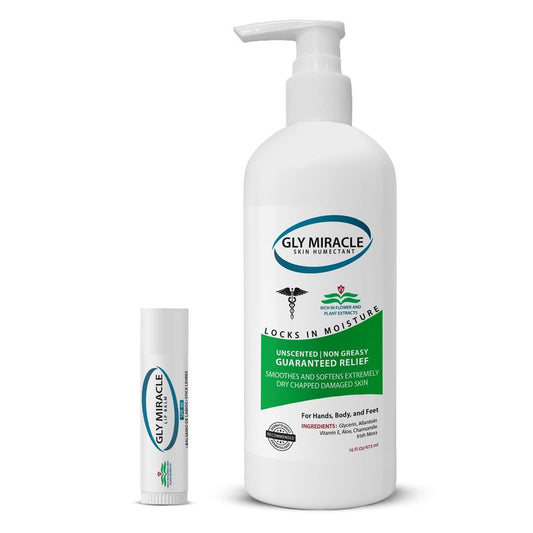 GLY MIRACLE Moisturizing Body Lotion Bundle 16 oz & .15 oz Balm - Non-Greasy Skin Humectant for Extremely Dry Skin, Hands, Body, and Feet, Fragrance-Free with Glycerin and SPF30 Unflavored Lip Balm