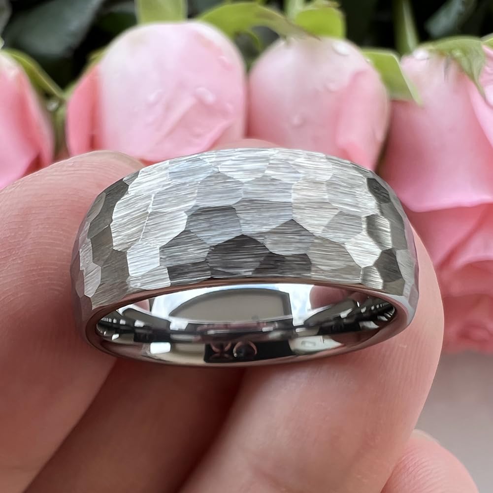 TUTISS 8mm Hammered Tungsten Rings for Men Women Fashion Engagement Wedding Bands Domed Matte Finish Comfort Fit Size 13