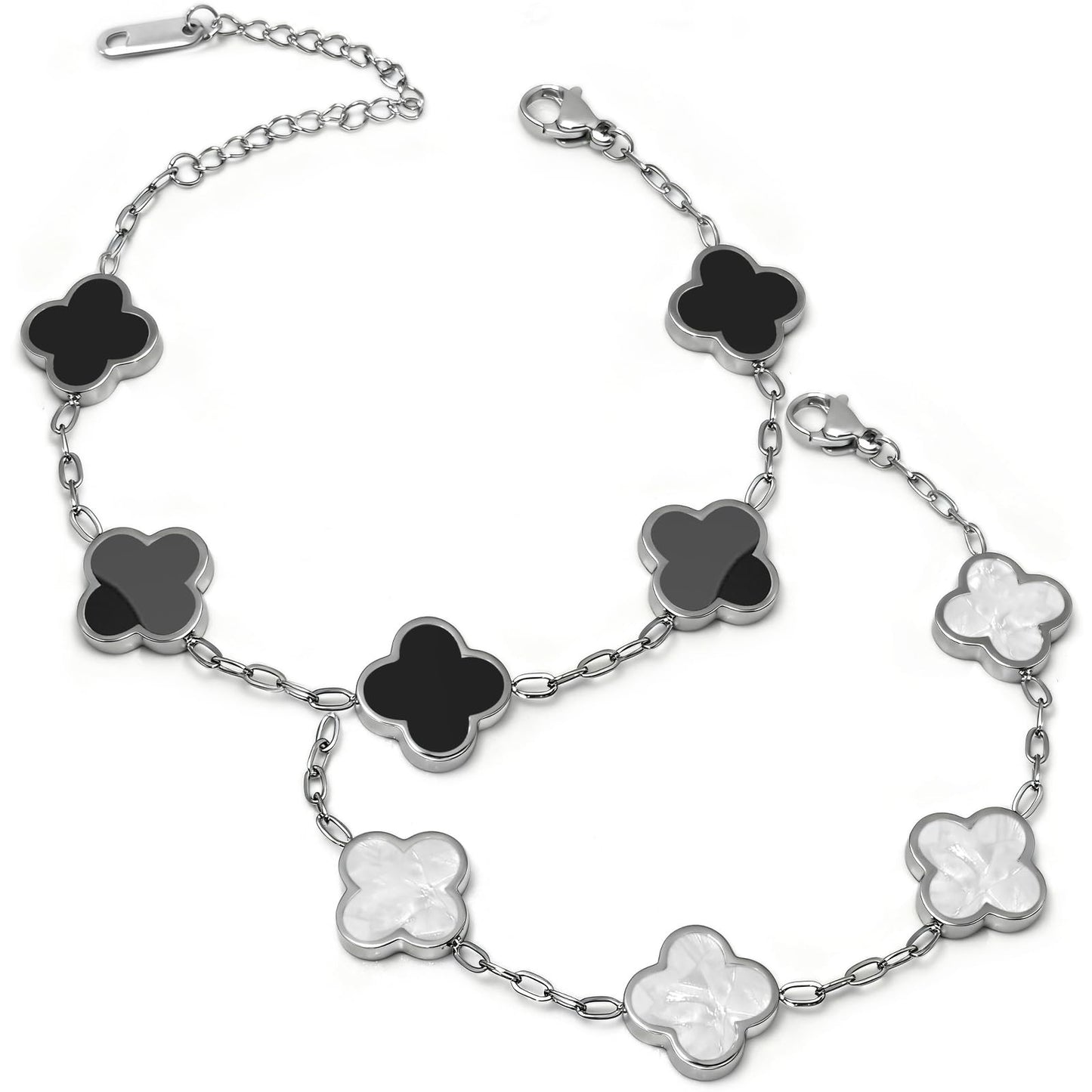 Aimétte Monette Silver Bracelets for Women, Four Leaf Clover Bracelet 2 Pcs, Silver Jewelry for Women, Black and White Flower Bracelet, Silver Jewelry Set