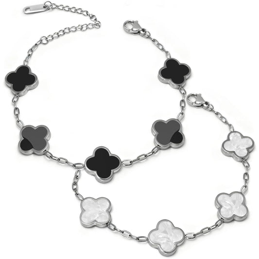 Aimétte Monette Silver Bracelets for Women, Four Leaf Clover Bracelet 2 Pcs, Silver Jewelry for Women, Black and White Flower Bracelet, Silver Jewelry Set