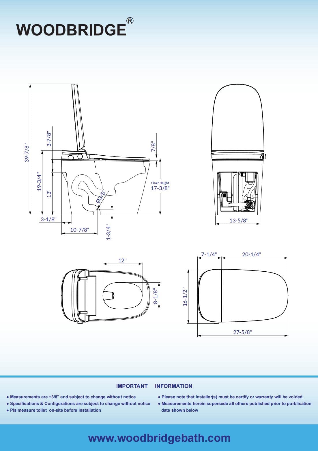 WOODBRIDGE Smart Toilet with 1000g MaP Flush Score, Foam Shield, Moving Dryer, Blackout Flush, ADA Comfort Height, Auto Open & Close, Heated Seat, B0930S