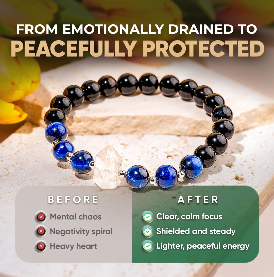 Conscious Items Negativity Bracelet for Women & Men, Blue Tiger’s Eye, Clear Crystal Quartz, & Black Obsidian Bracelet for Grounding & Energy Protection